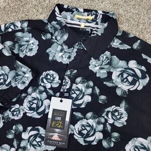 NWT Cactus Man Ricky Singh Mens Medium Black White AOP Floral Button Up SS